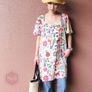 【Soi PARIS(ソワパリ)】ジャイプル柄ウィングスリーブワンピース