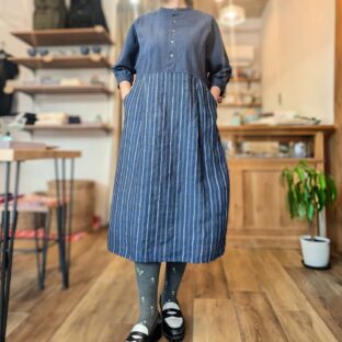 SLOW HANDS(スローハンズ)七分袖 綿麻切り替えワンピース